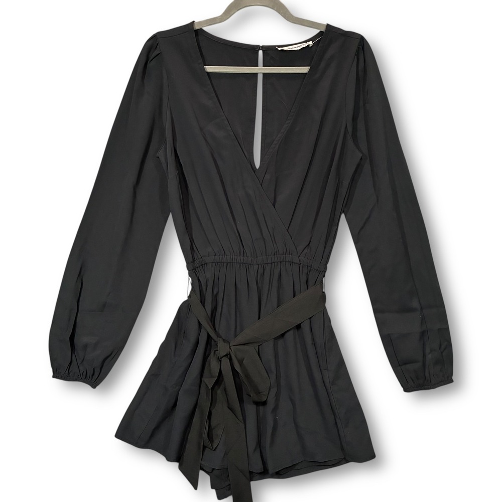 Abercrombie and Fitch Black Long Sleeve V Neck Belted Romper Women's ST Tall